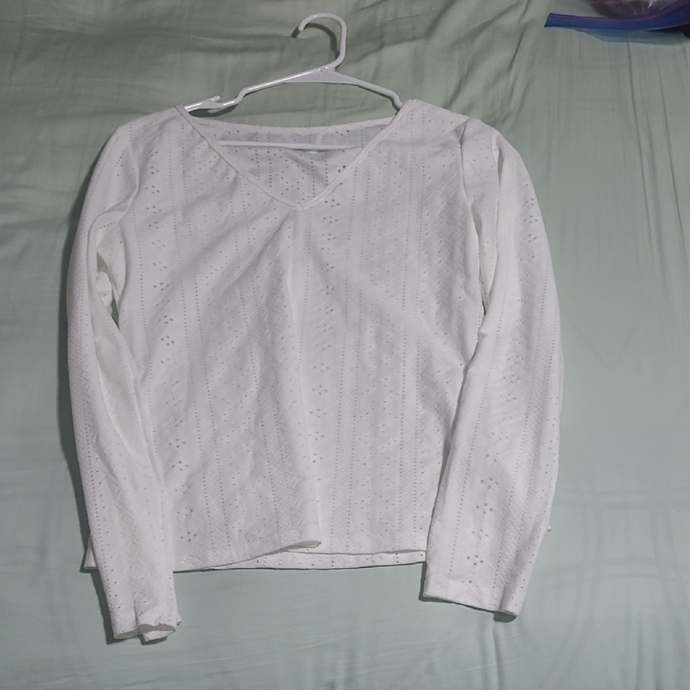 SHEIN White Eyelet V-Neck Blouse